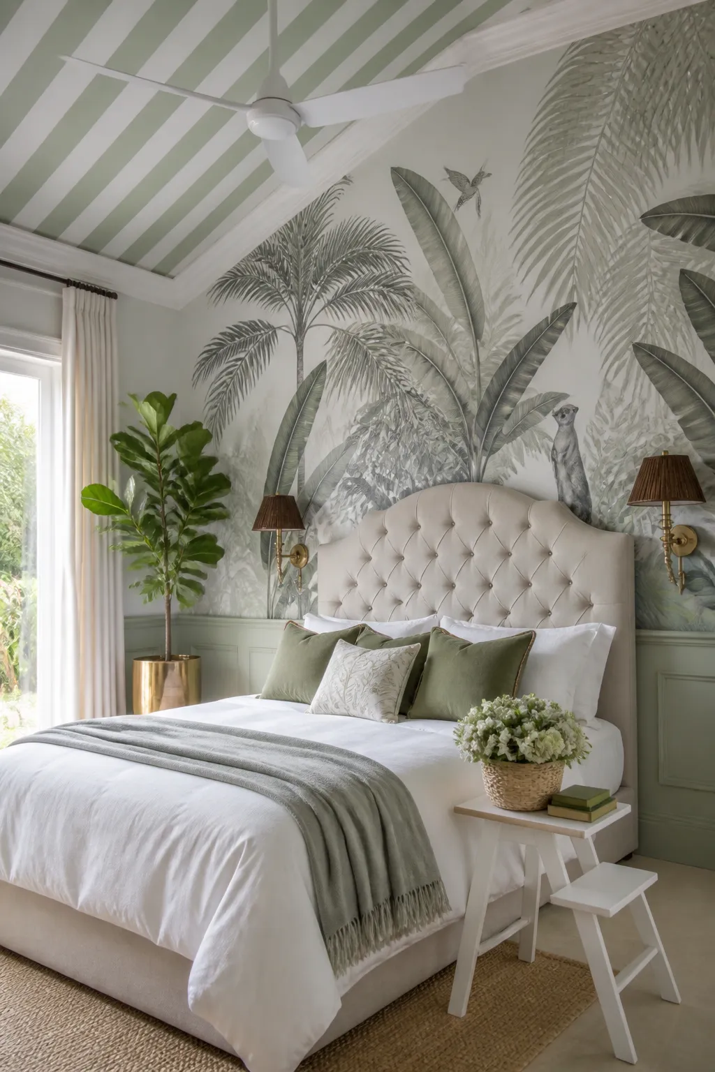 Luxury bedroom with a botanical wall mural and a mint green and white striped ceiling.