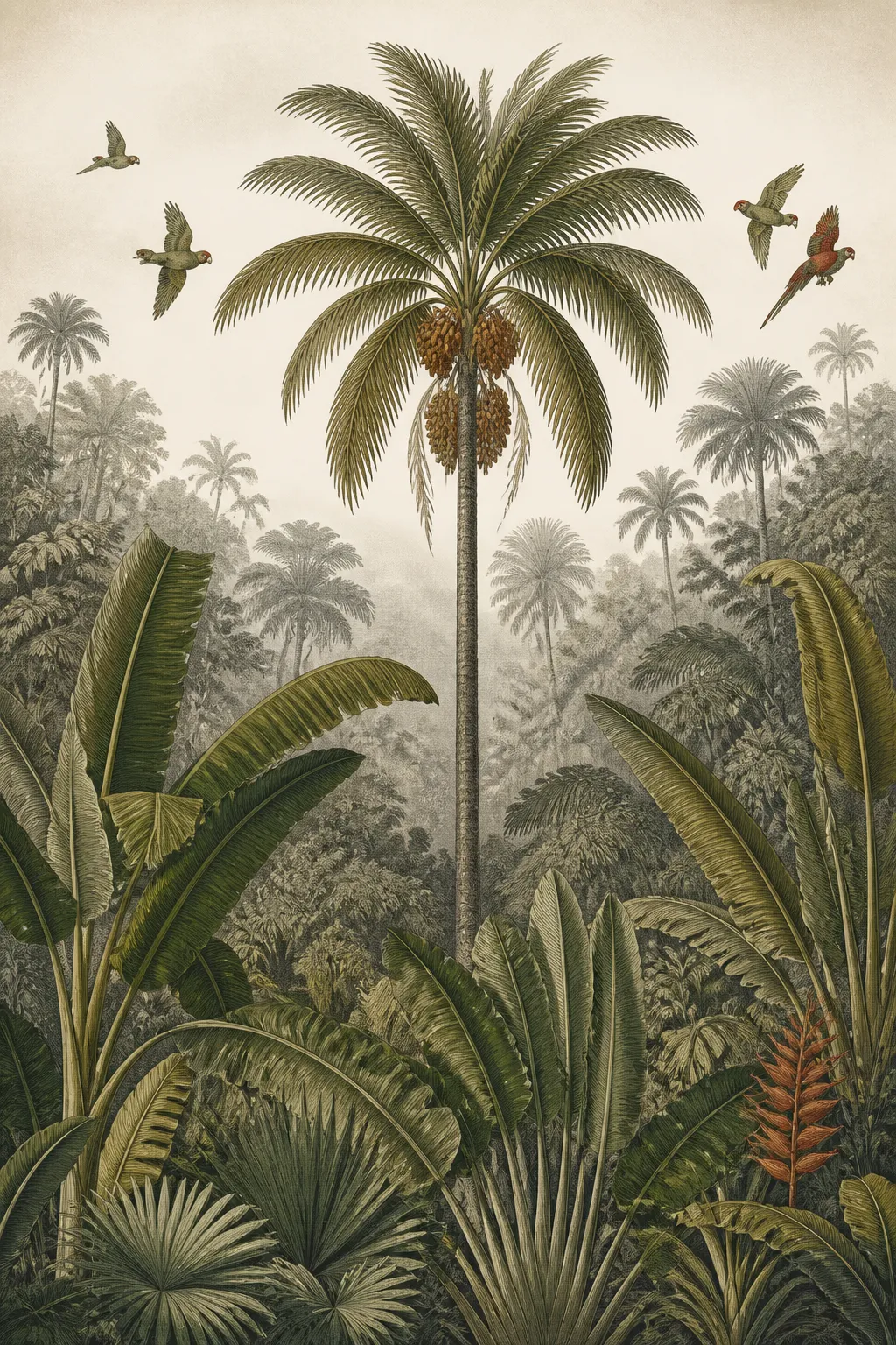 Vintage tropical landscape mural with olive green palms and red parrots.