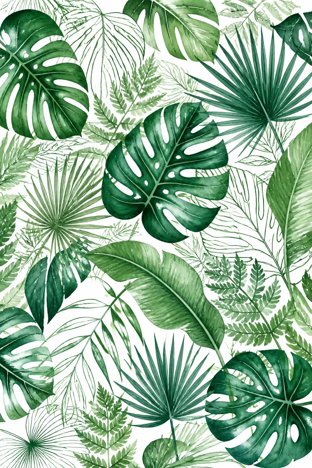 Flat lay of multiple tropical leaf styles including monstera, palm fronds, and ferns.