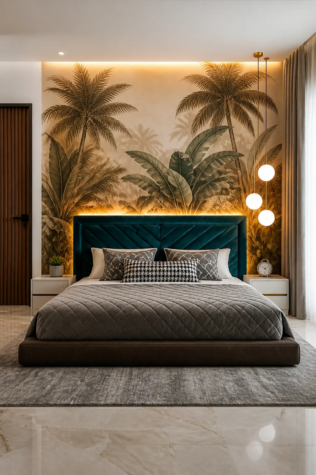 Modern bedroom with a sepia botanical mural and a deep teal tufted headboard.