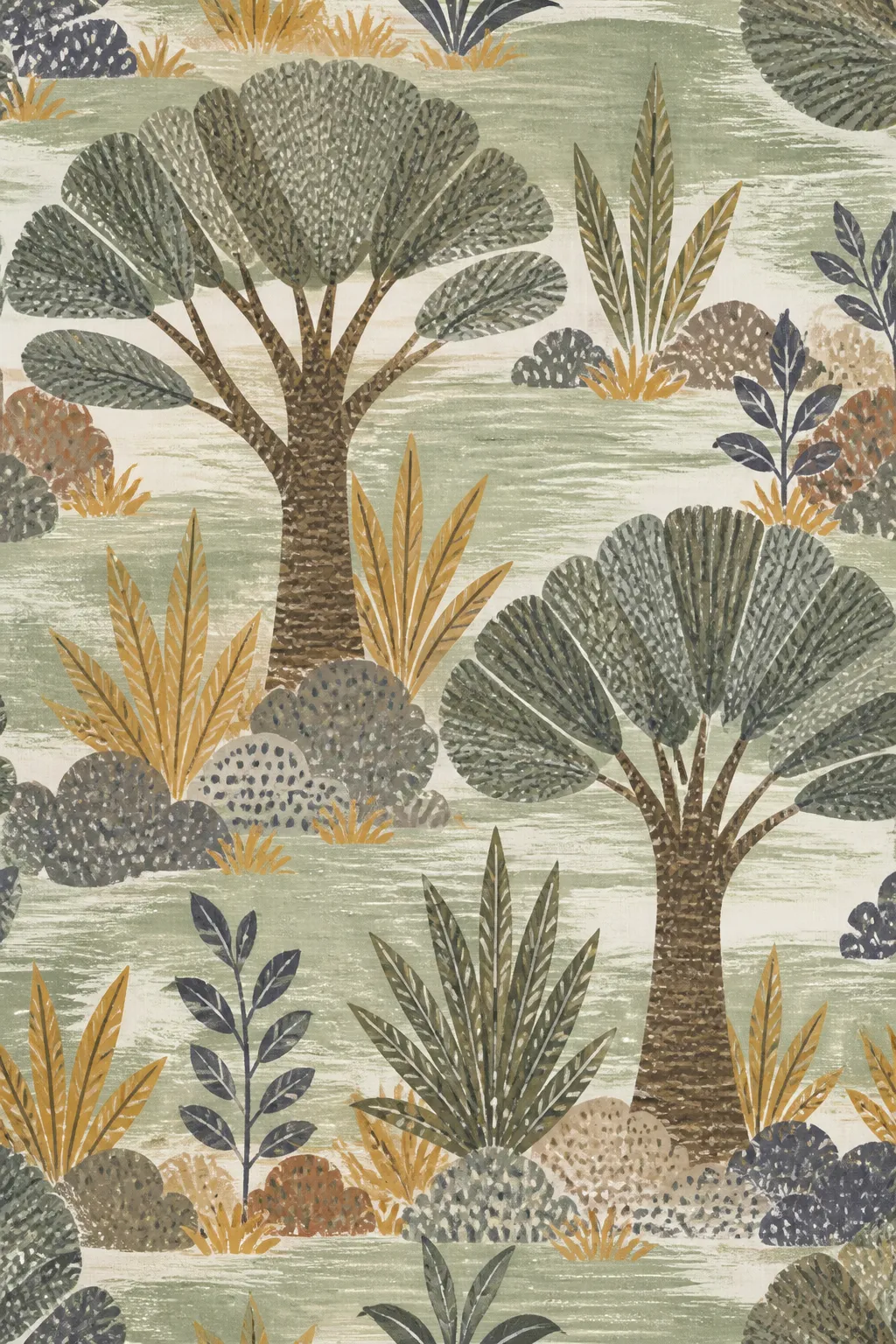 Artistic tropical mural with stylized trees and foliage in sage and ochre.