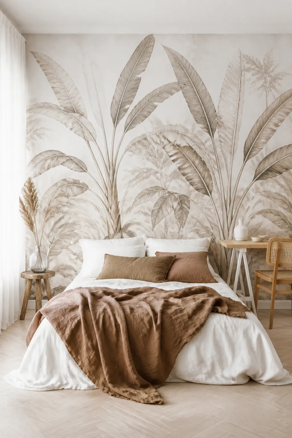 Airy bedroom featuring a grayscale banana leaf mural and warm brown throw.