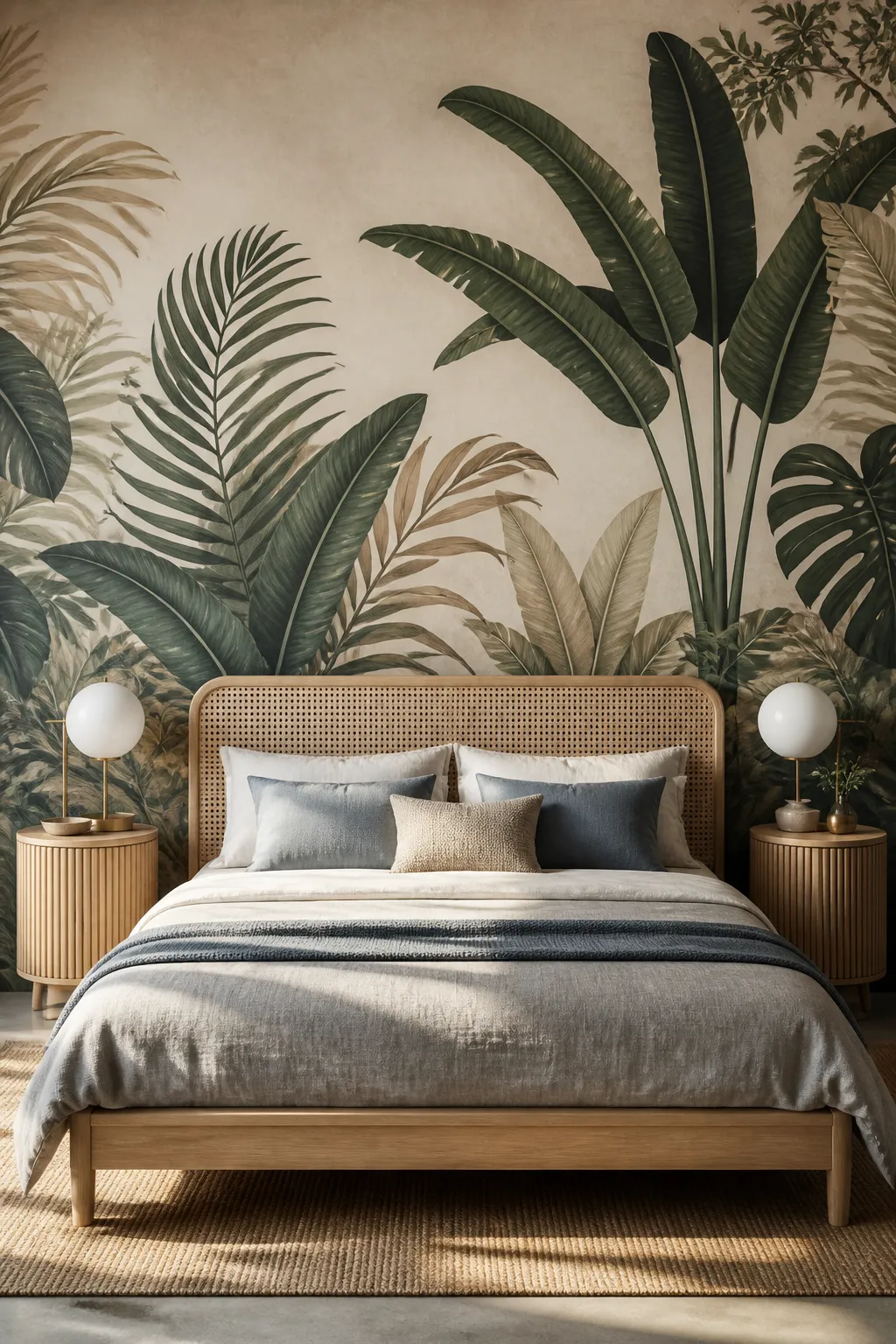 Japandi bedroom with oversized painted banana leaves and a cane headboard.