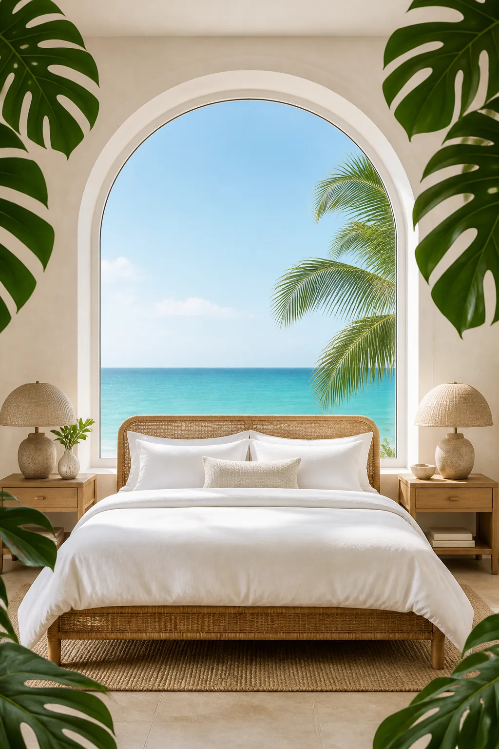 Luxury coastal bedroom with a rattan bed and a large arched window showing the ocean.
