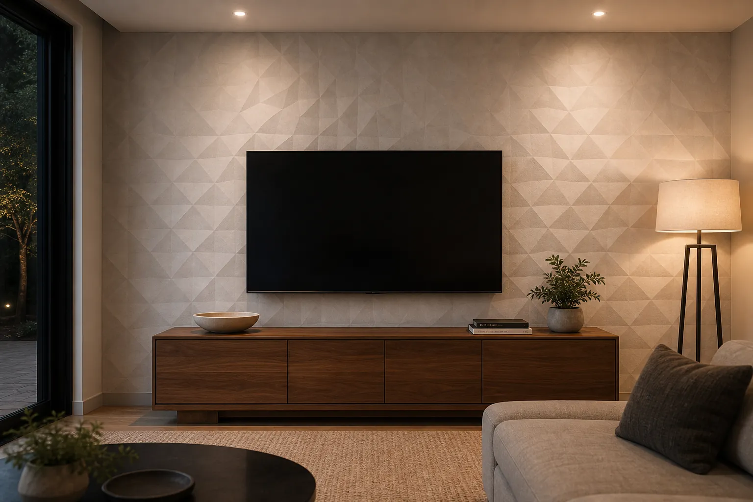 Modern living room with subtle 3D geometric wallpaper behind a TV unit