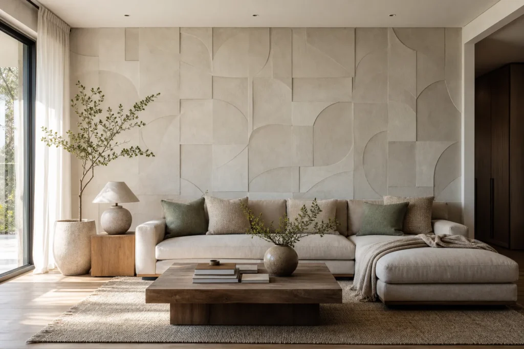 Living room with a dimensional wallpaper accent wall, modern sofa, and layered decor