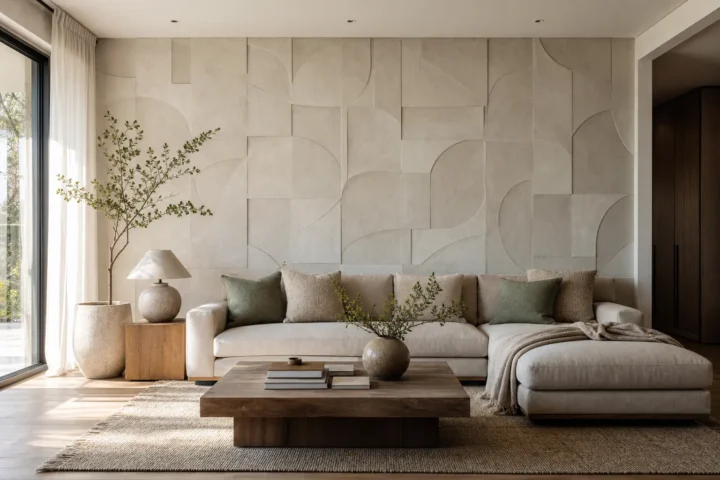 Living room with a dimensional wallpaper accent wall, modern sofa, and layered decor