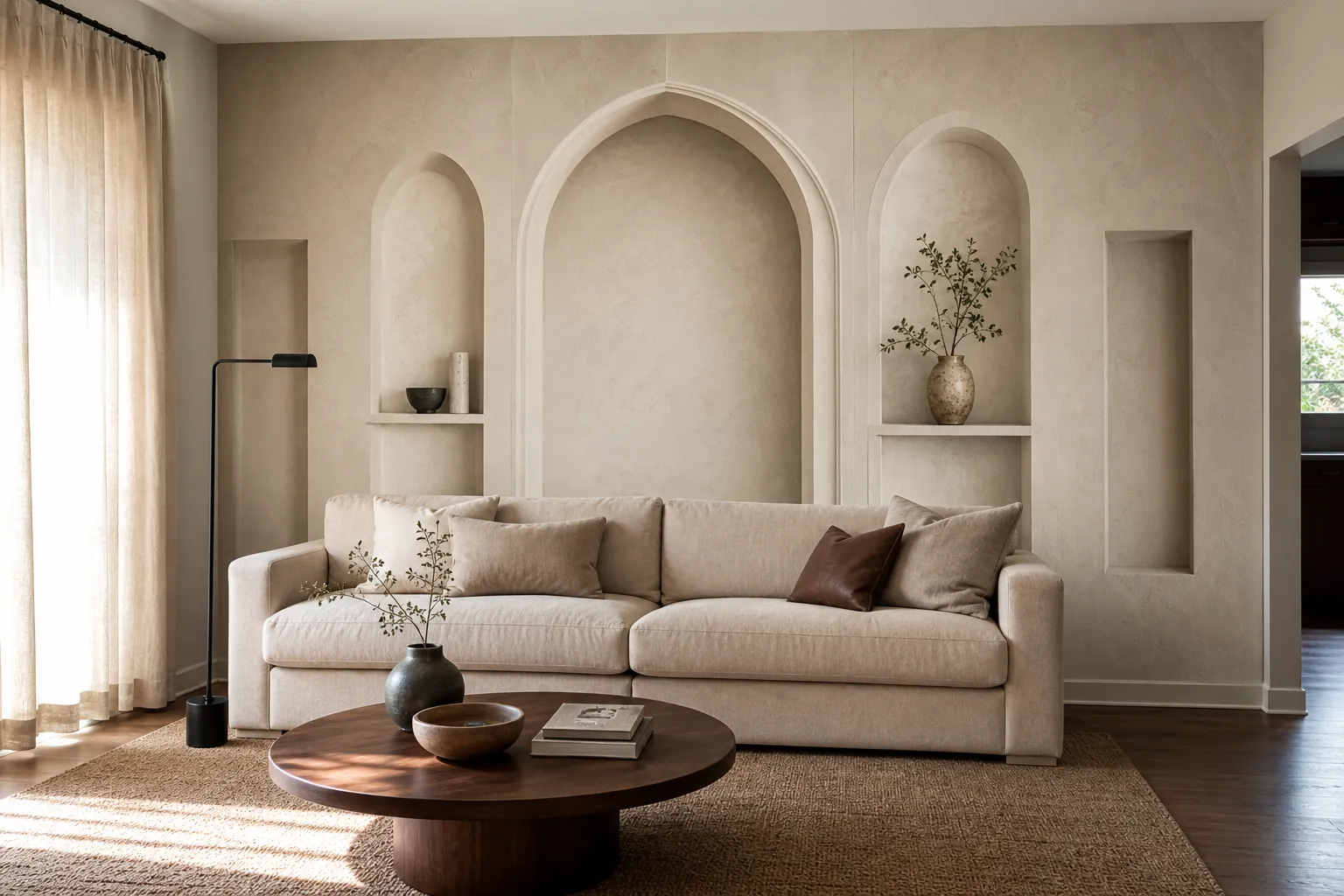 Living room with architectural 3D mural wallpaper adding depth behind the sofa