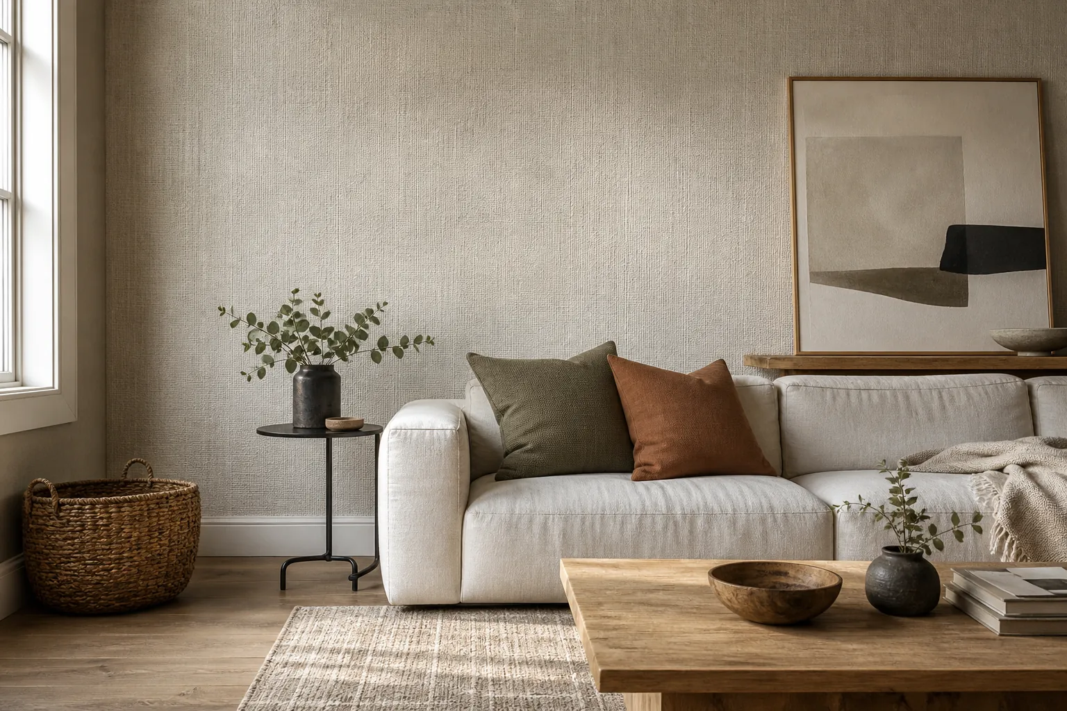Neutral living room with subtle textured 3D wallpaper and layered decor
