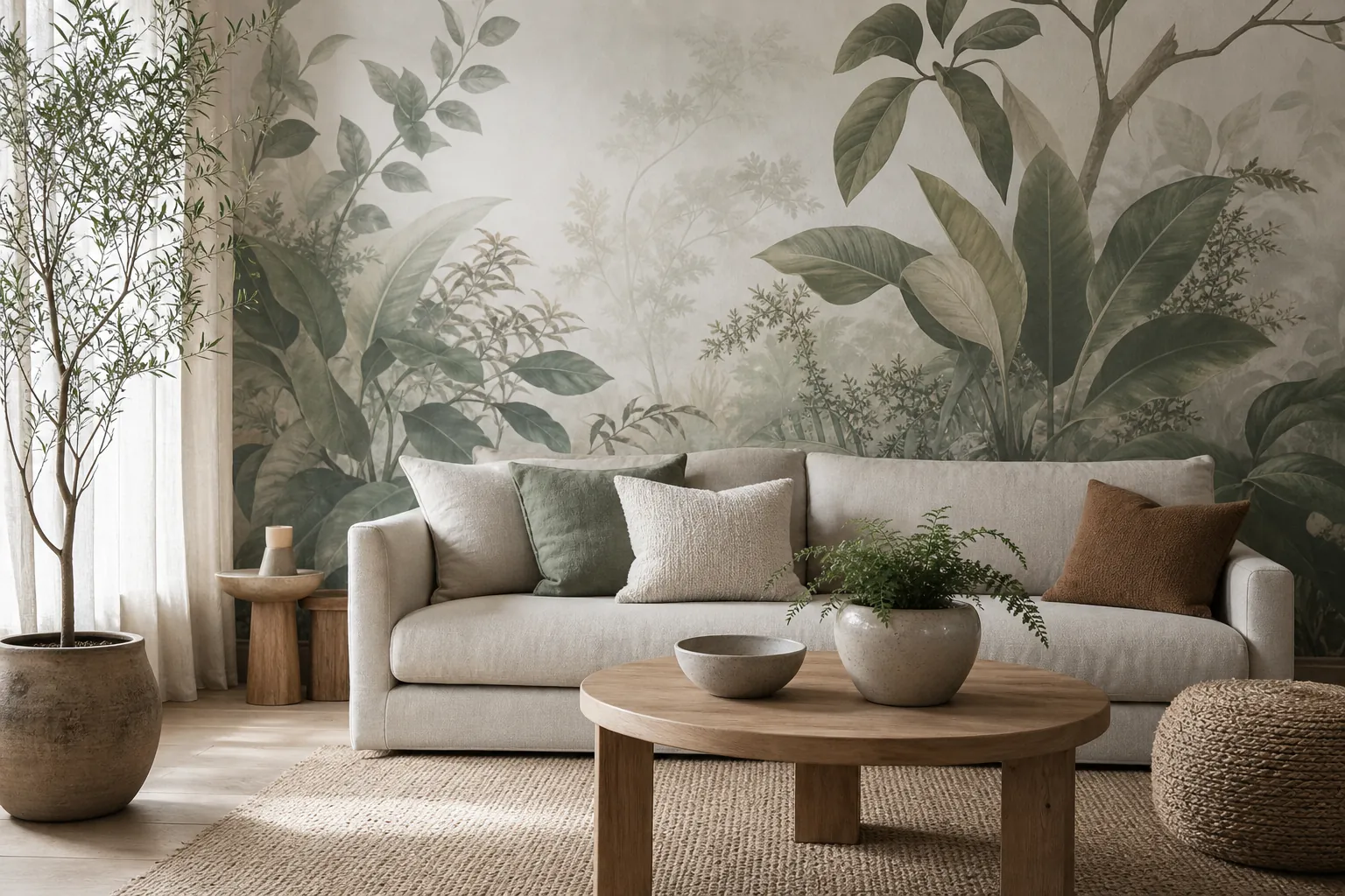 Soft botanical 3D wall mural in a calm living room with neutral seating