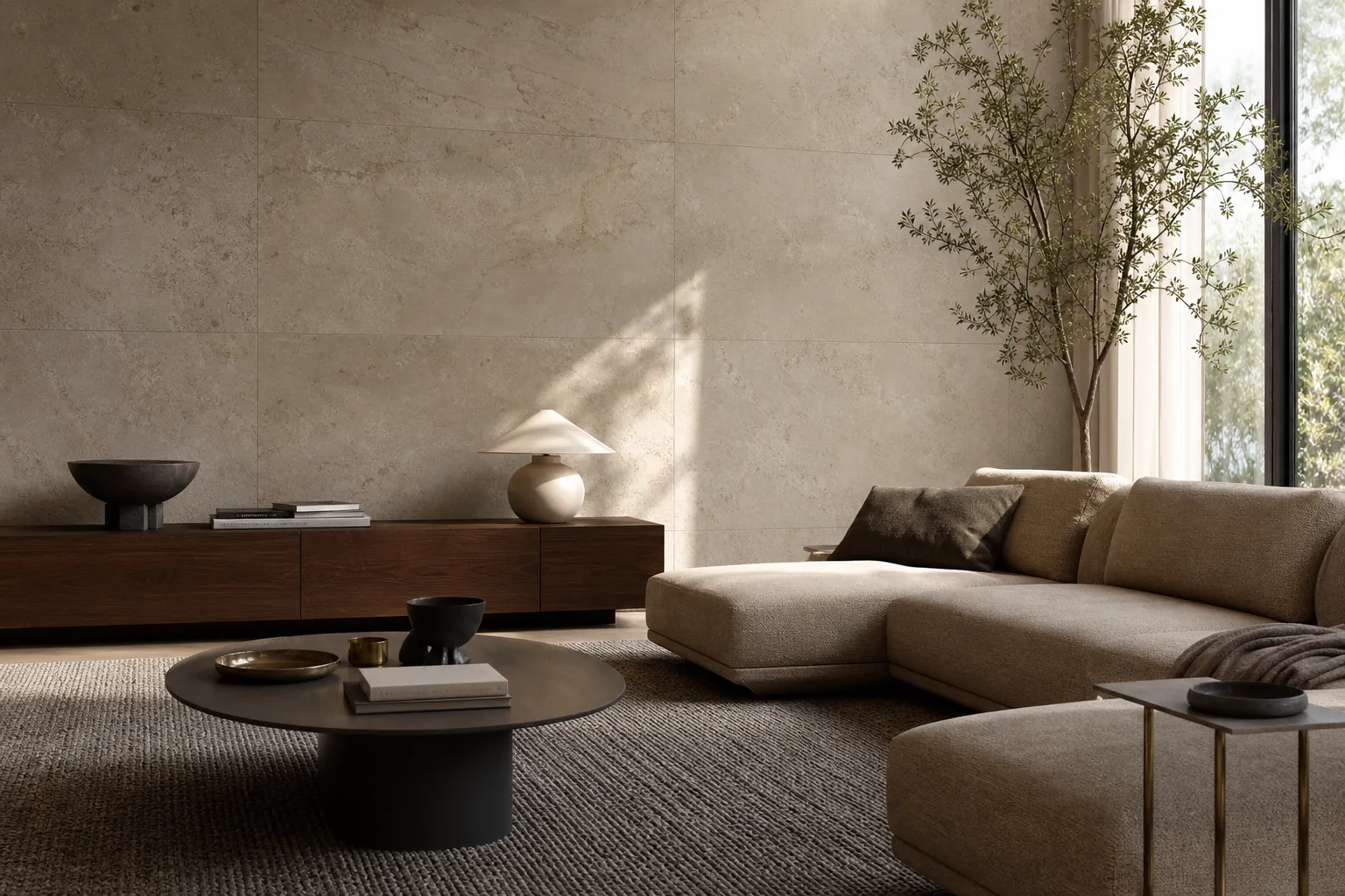 Elegant living room with marble-look 3D wallpaper and warm modern furniture