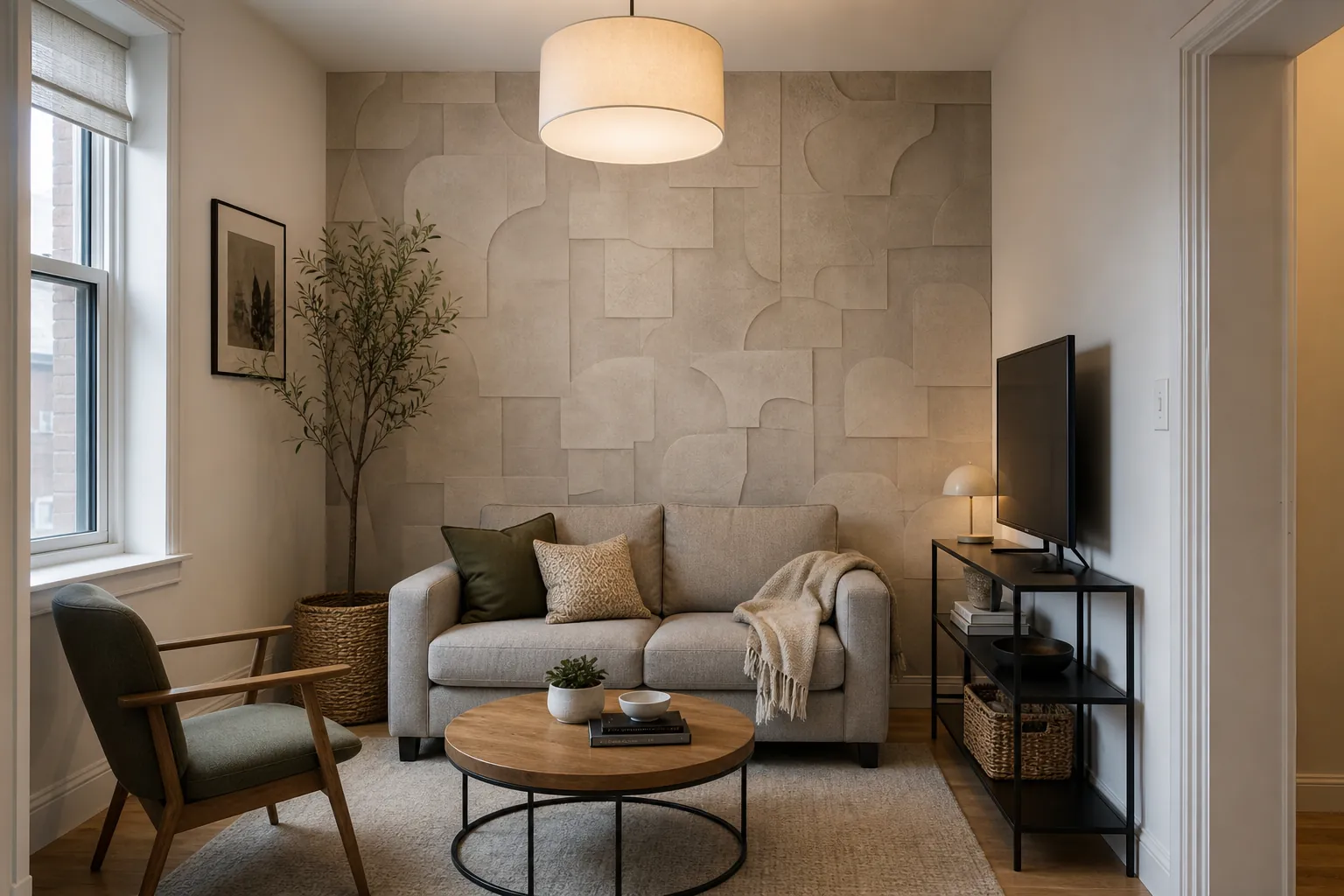 Small living room using balanced 3D wallpaper scale behind compact furniture