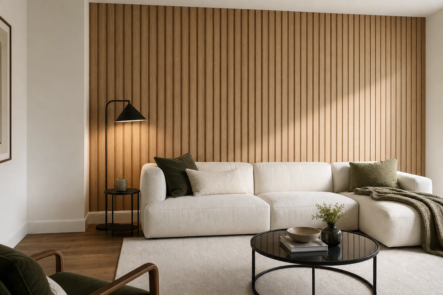 Modern living room with warm wood slat effect 3D wallpaper behind the sofa