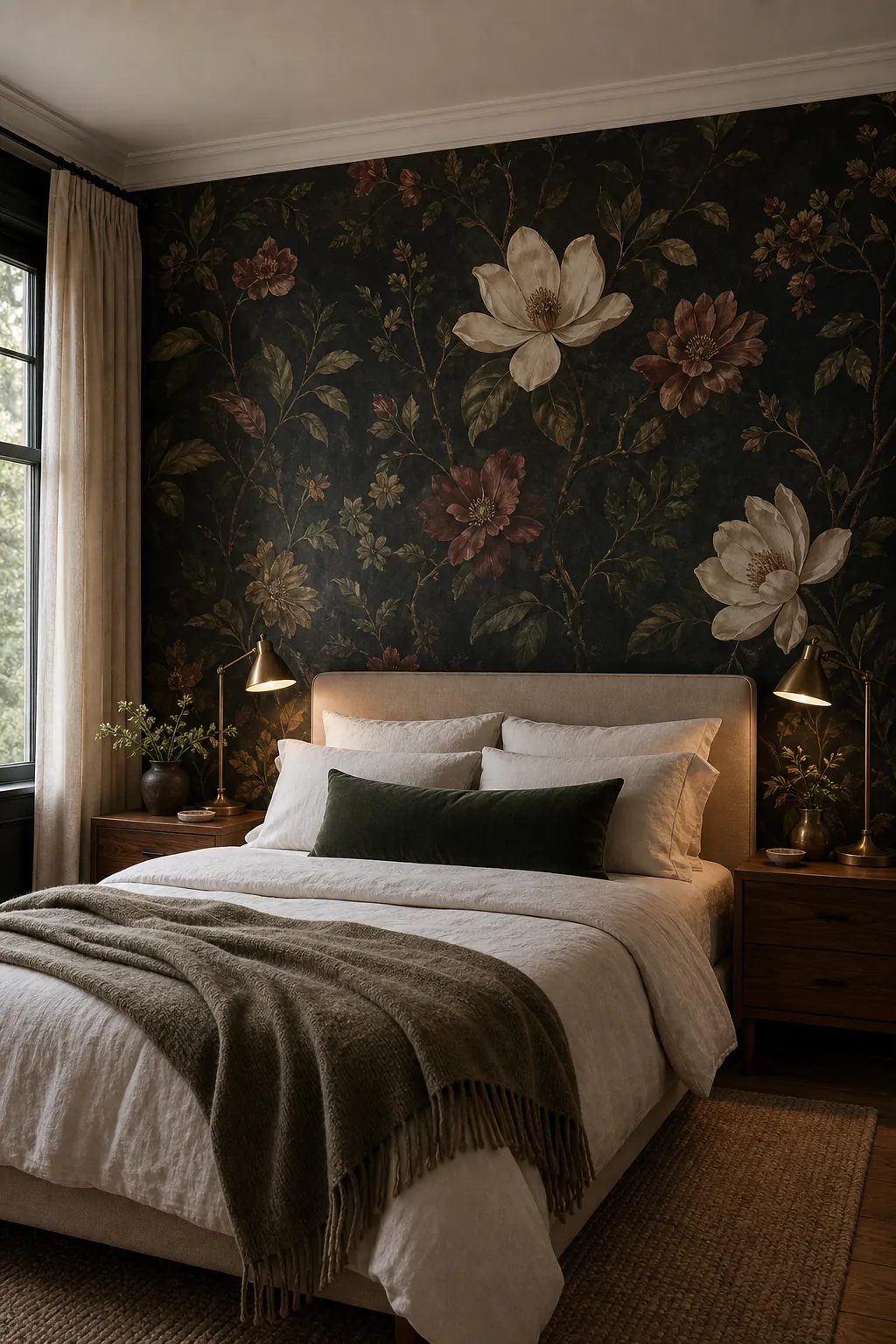 Moody dark botanical floral wallpaper bedroom