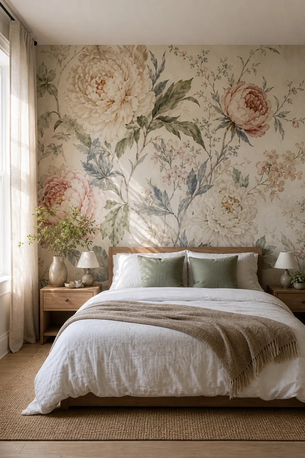 Bedroom with oversized floral wallpaper mural behind the bed