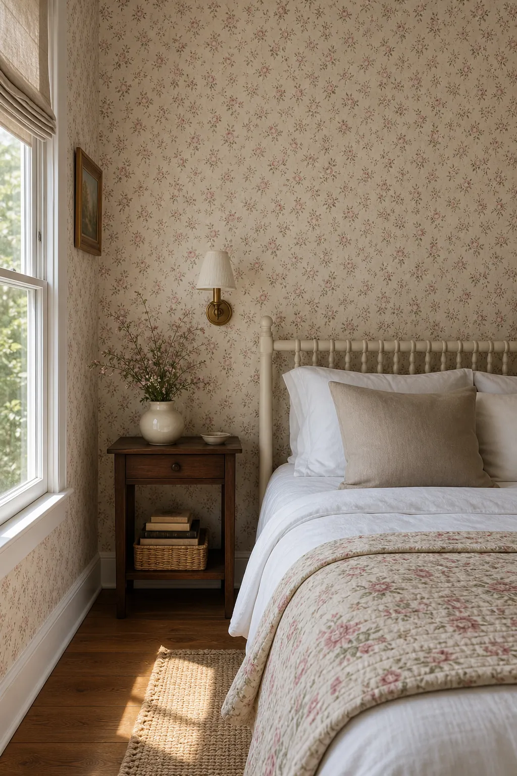 Vintage rose floral wallpaper in a cozy bedroom