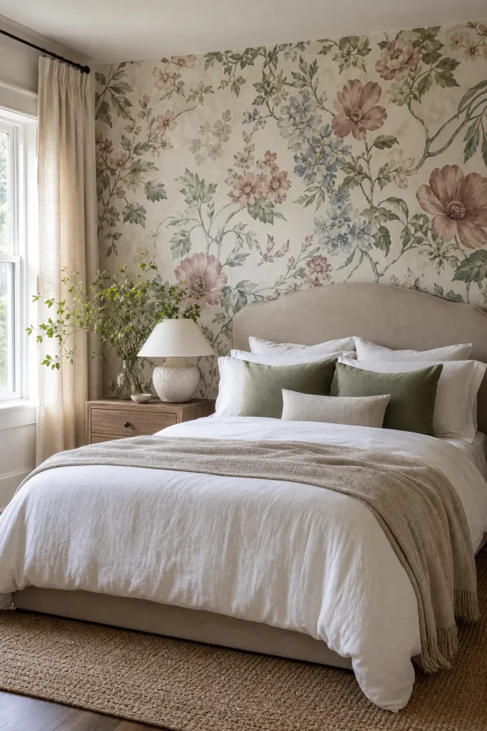 Serene bedroom with floral wallpaper behind the bed