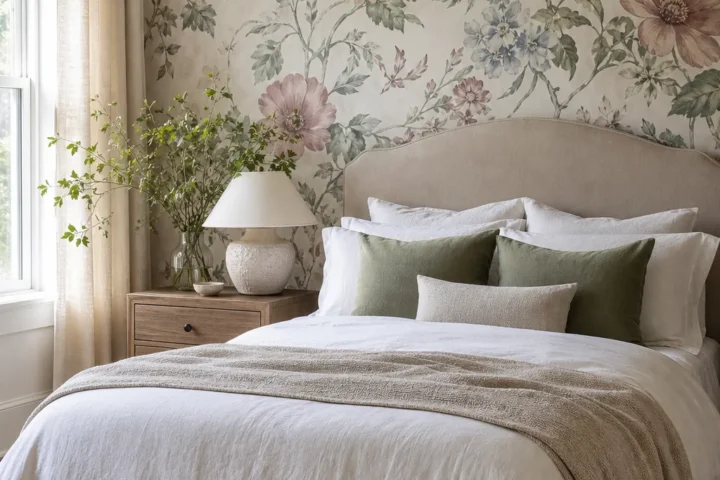Serene bedroom with floral wallpaper behind the bed