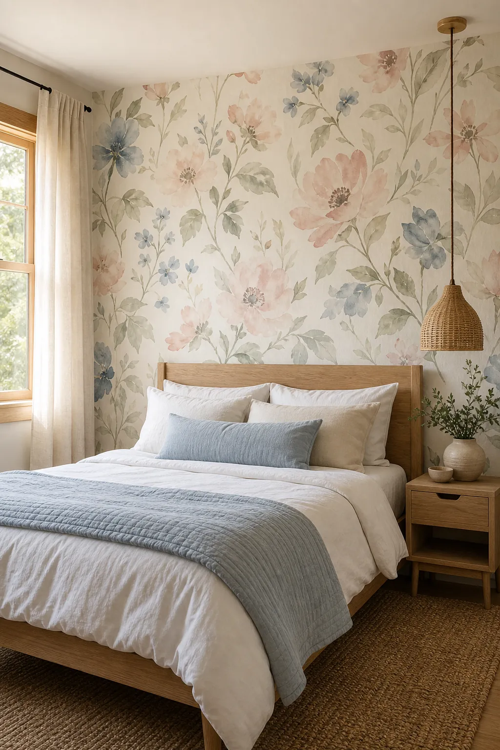 Airy watercolor floral wallpaper in a bright bedroom