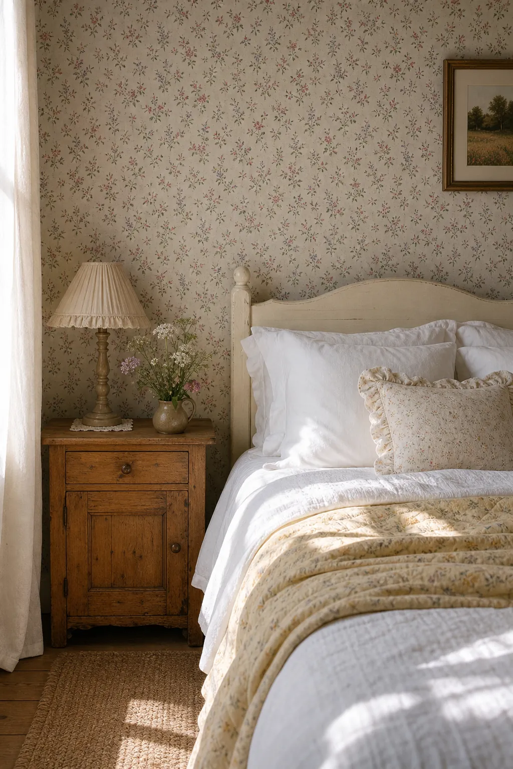 Cottage bedroom with tiny meadow floral wallpaper