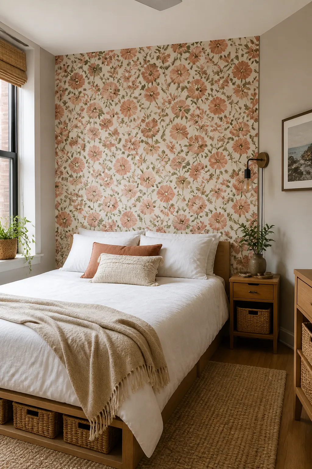 Renter friendly peel and stick floral wallpaper bedroom accent wall