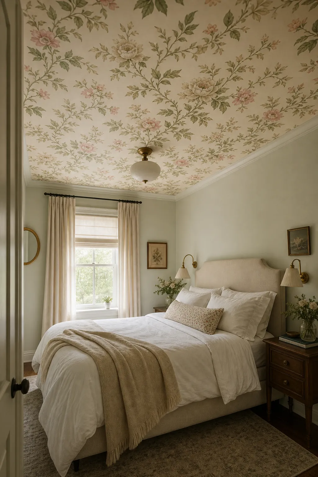 Bedroom with floral wallpaper on the ceiling