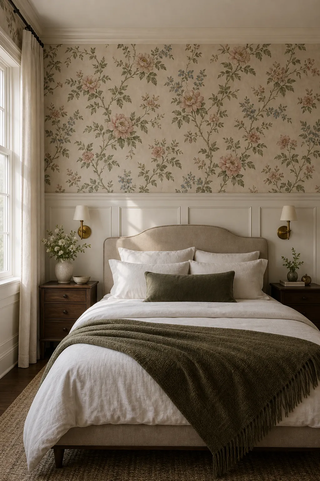 Floral wallpaper above painted wainscoting in a bedroom