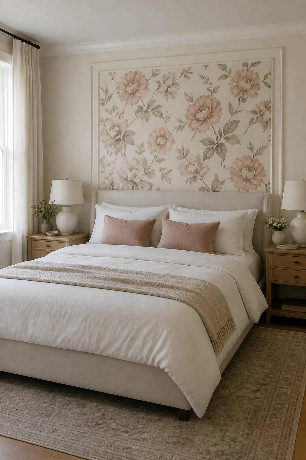 Framed floral wallpaper panel behind a bedroom headboard