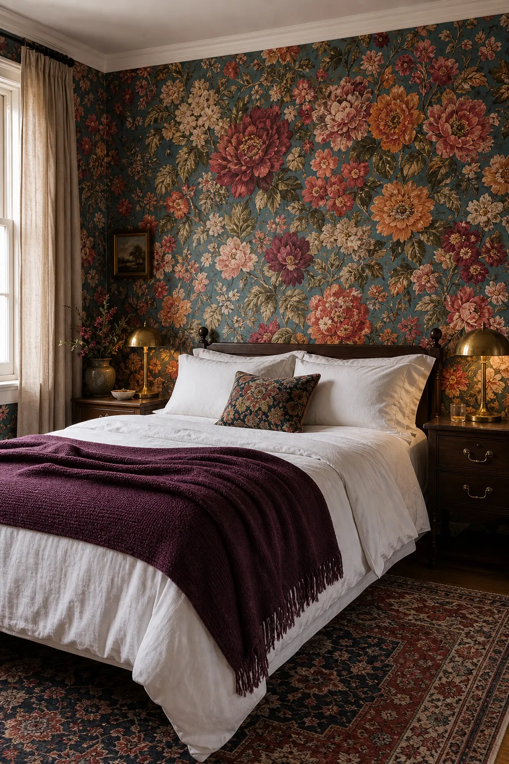 Maximalist floral wallpaper styled with calm bedding in a bedroom