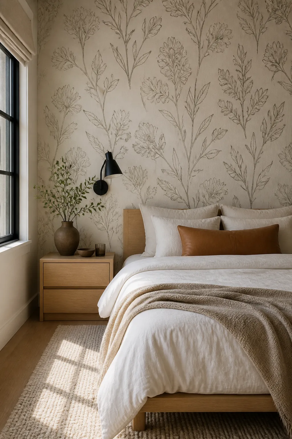 Neutral line art floral wallpaper in a modern bedroom