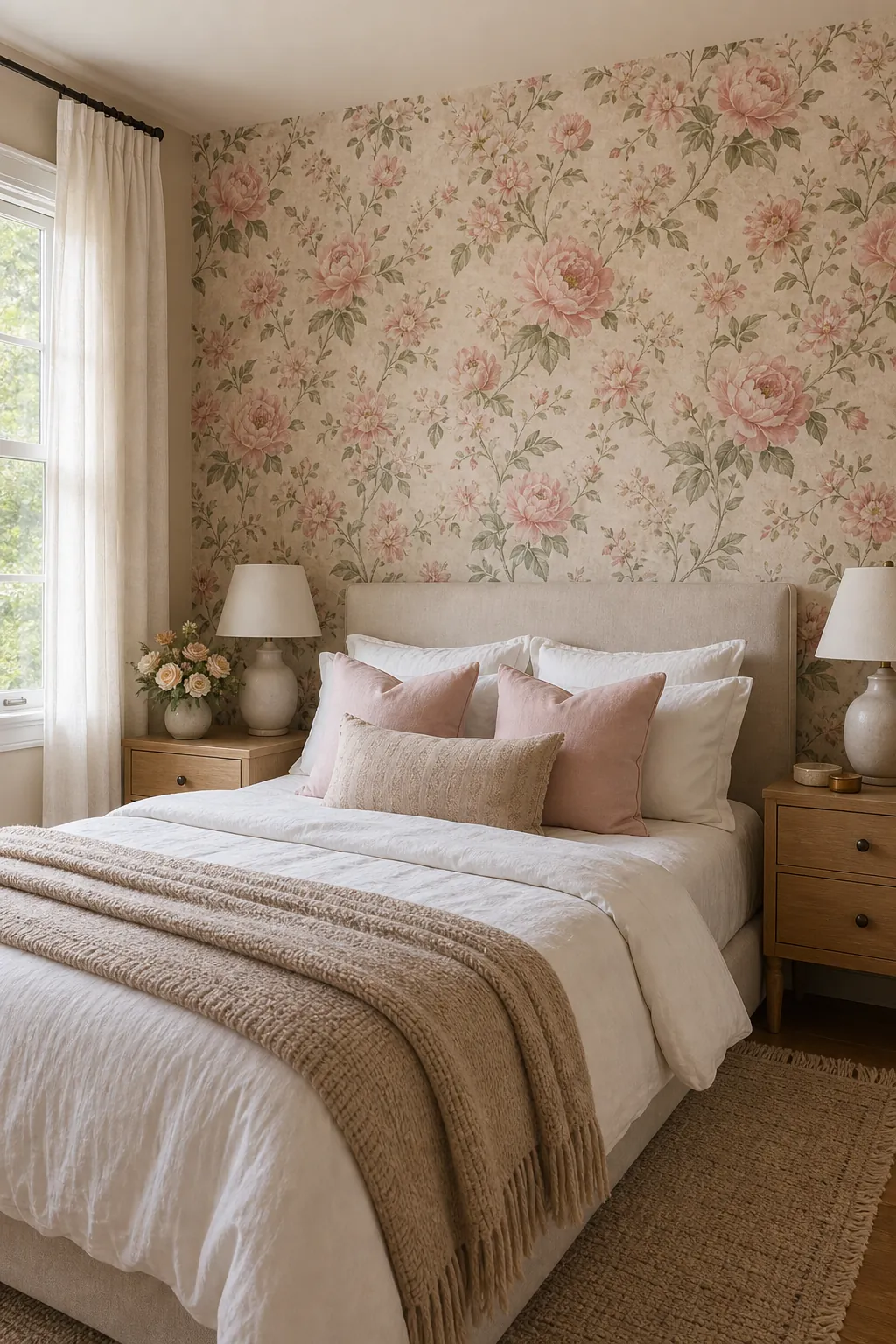 Blush pink floral wallpaper in a soft guest bedroom