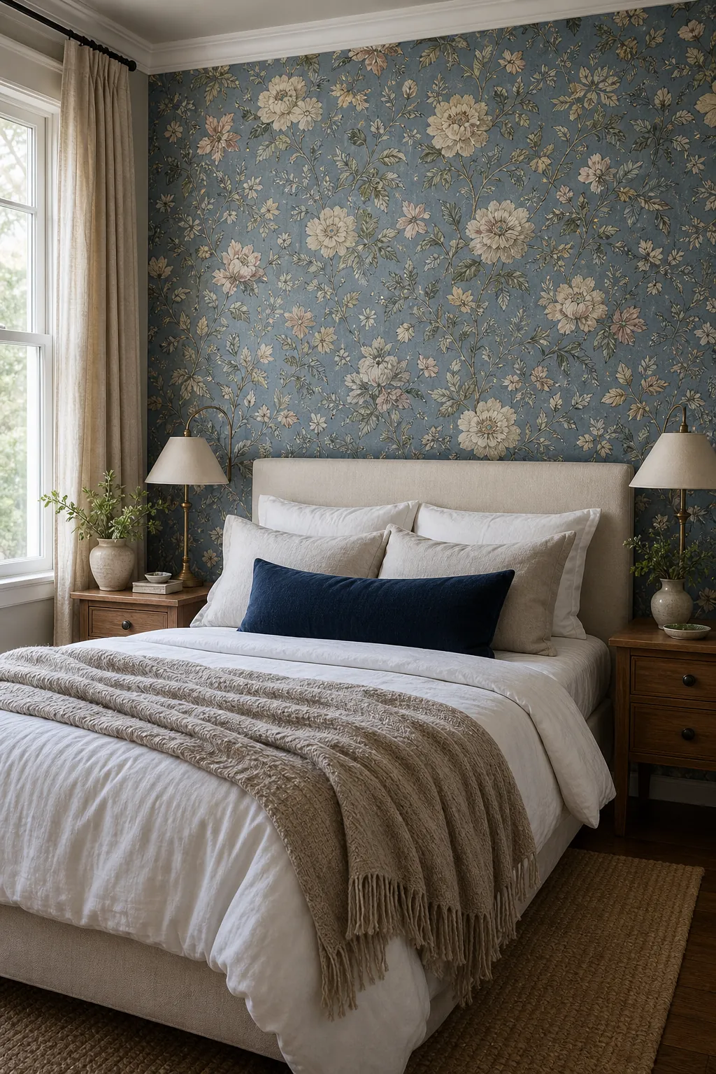 Blue floral wallpaper in a calm bedroom