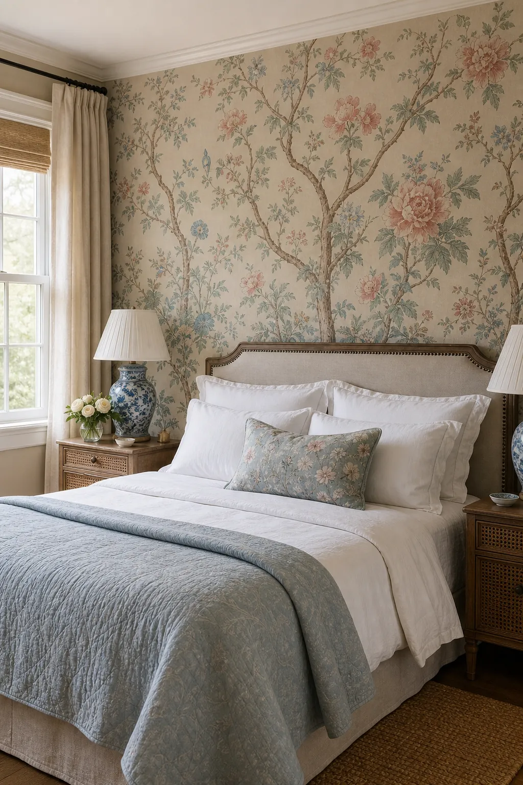 Chinoiserie inspired floral wallpaper in an elegant bedroom