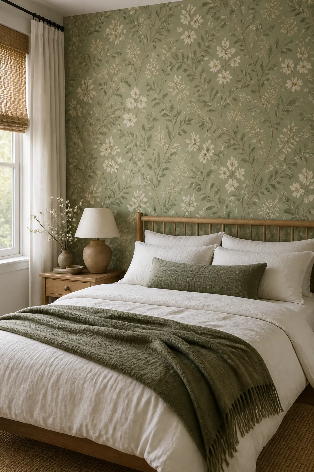 Sage green botanical floral wallpaper in a natural bedroom