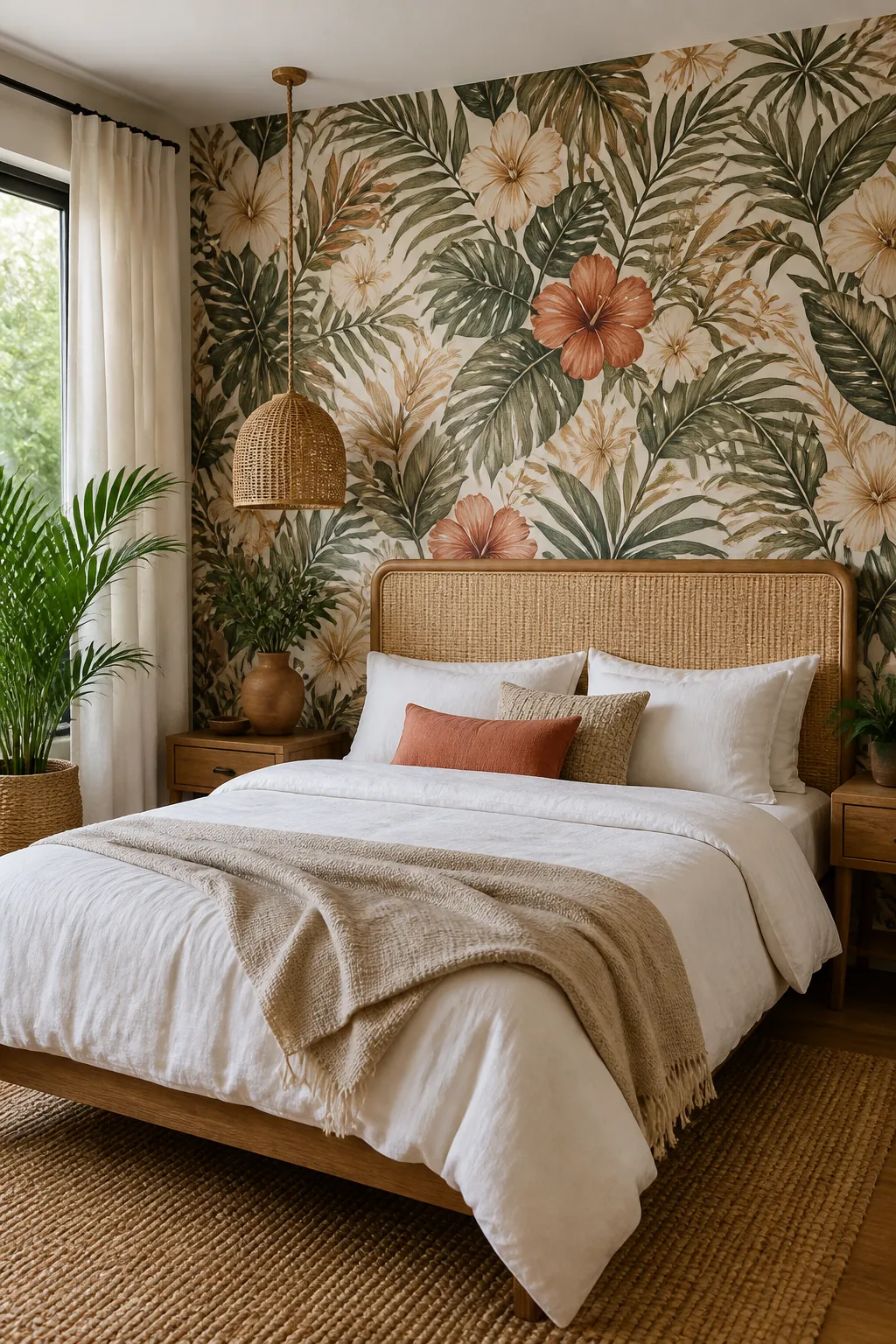 Muted tropical floral wallpaper in a relaxed bedroom