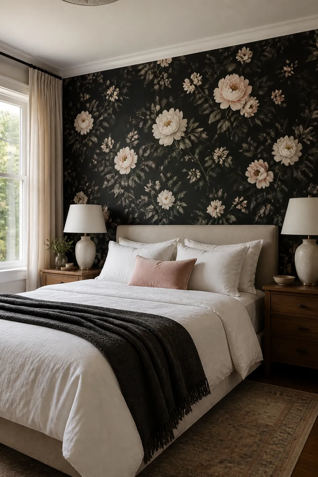 Black floral wallpaper accent wall in a bedroom