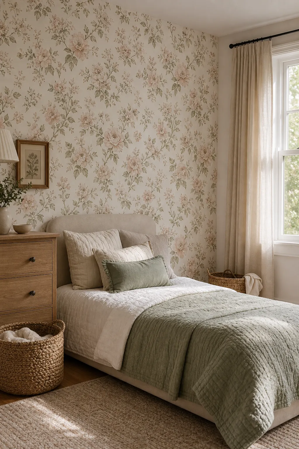 Soft floral wallpaper in a flexible child or teen bedroom