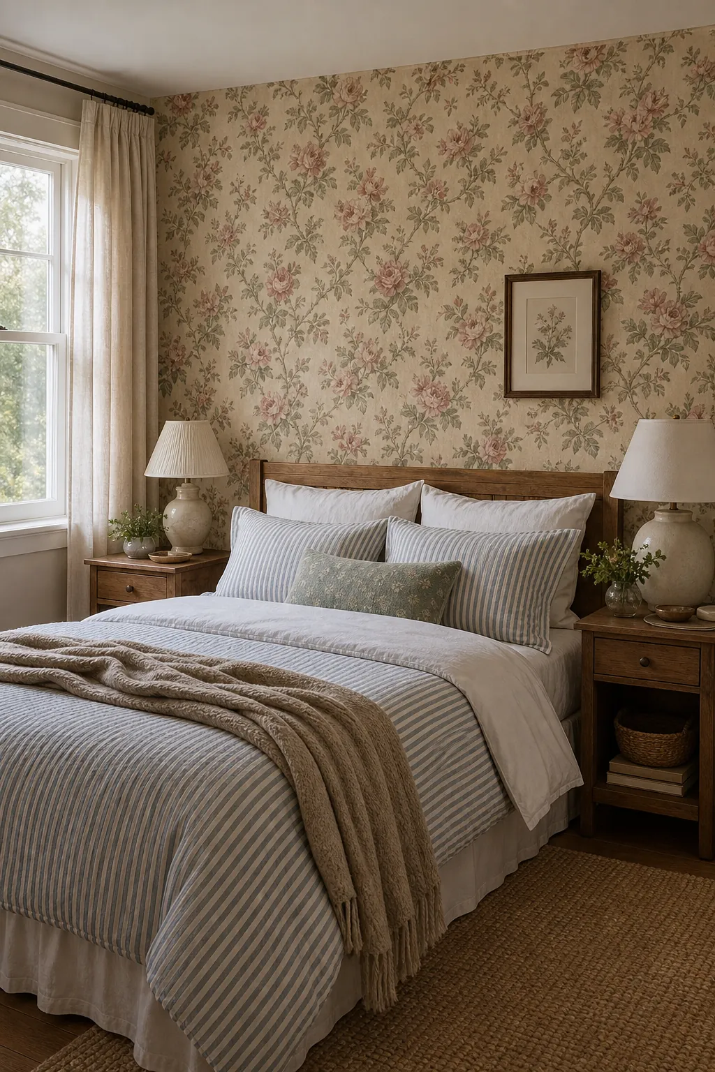Floral wallpaper bedroom with striped bedding