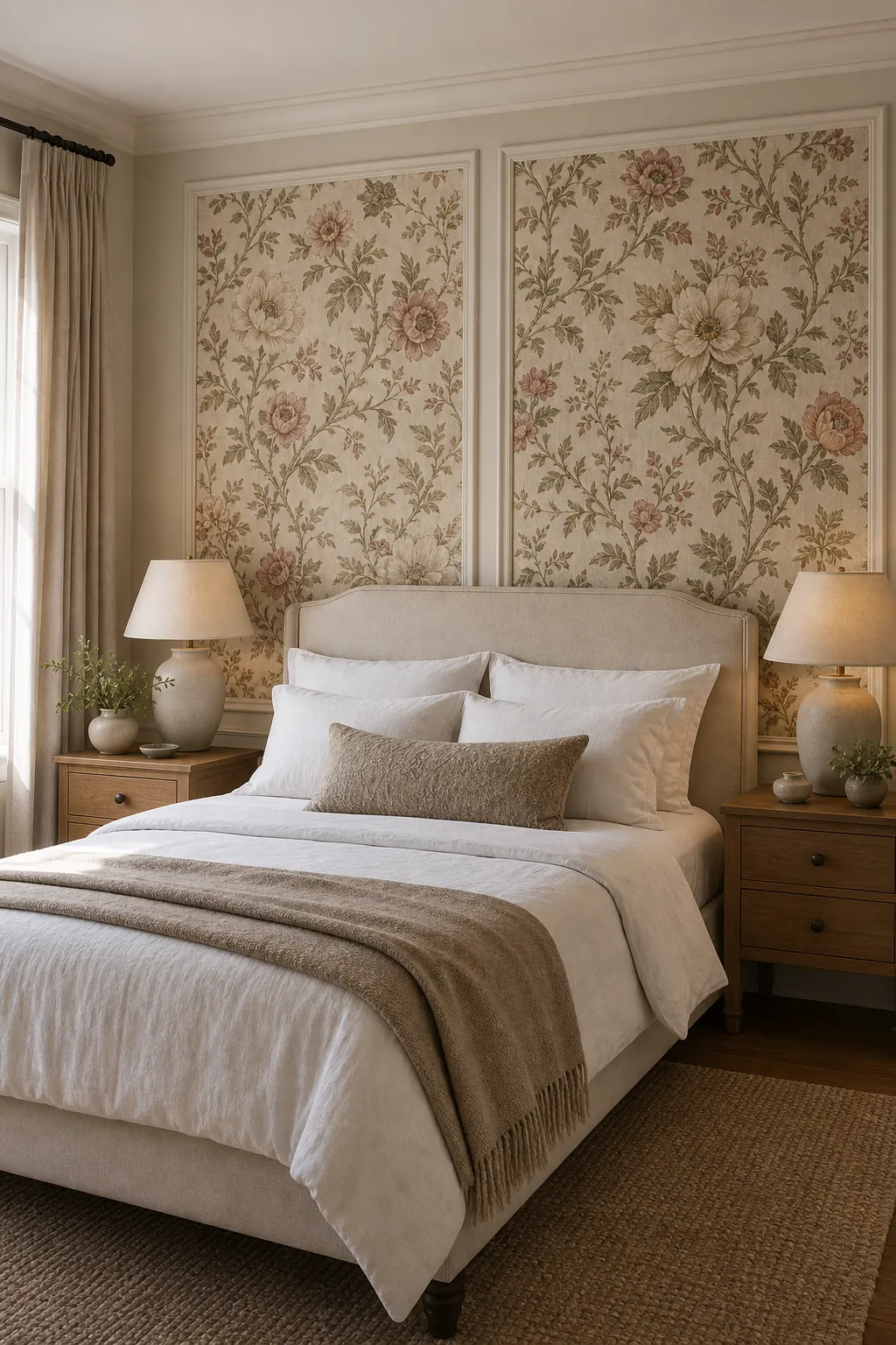 Matching framed floral wallpaper panels behind a bedroom bed