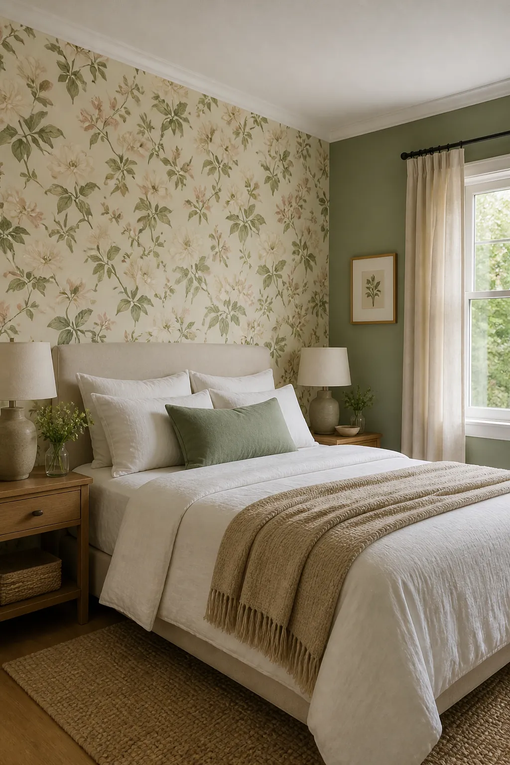 Floral wallpaper bedroom with matching sage paint color
