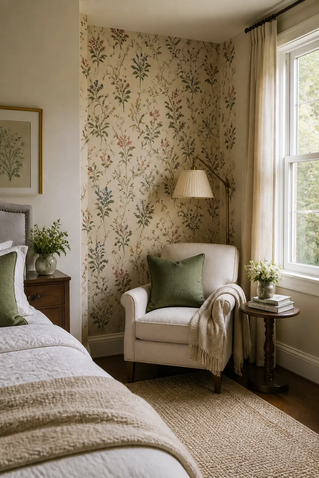 Bedroom reading nook with floral wallpaper