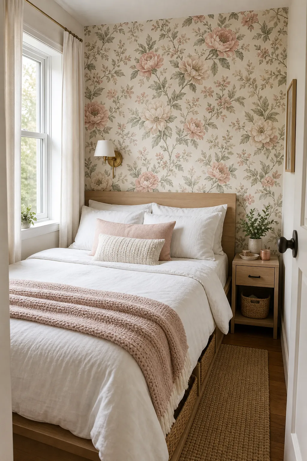 Small bedroom with one floral wallpaper accent wall