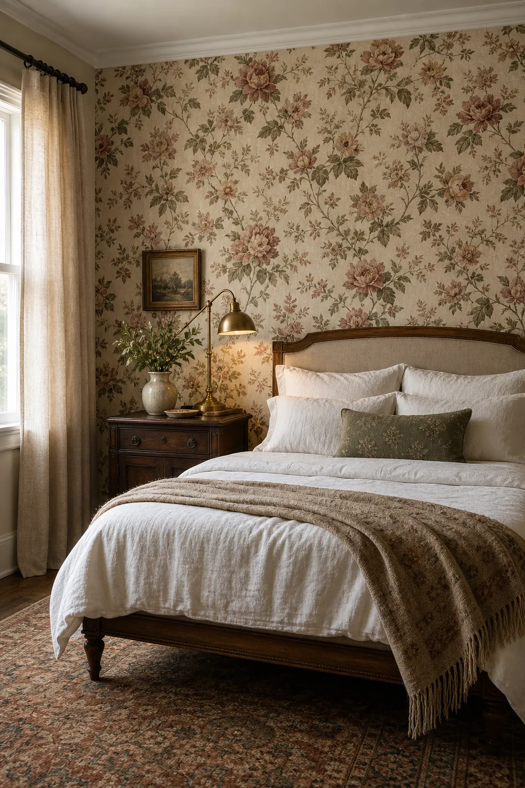 Vintage floral wallpaper bedroom with brass and wood accents
