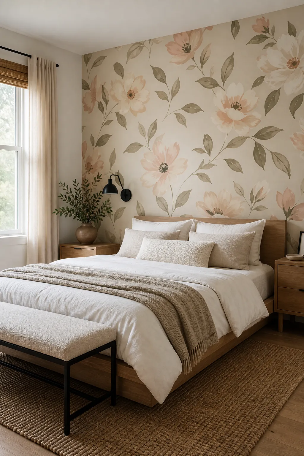 Modern floral peel and stick wallpaper in a bedroom