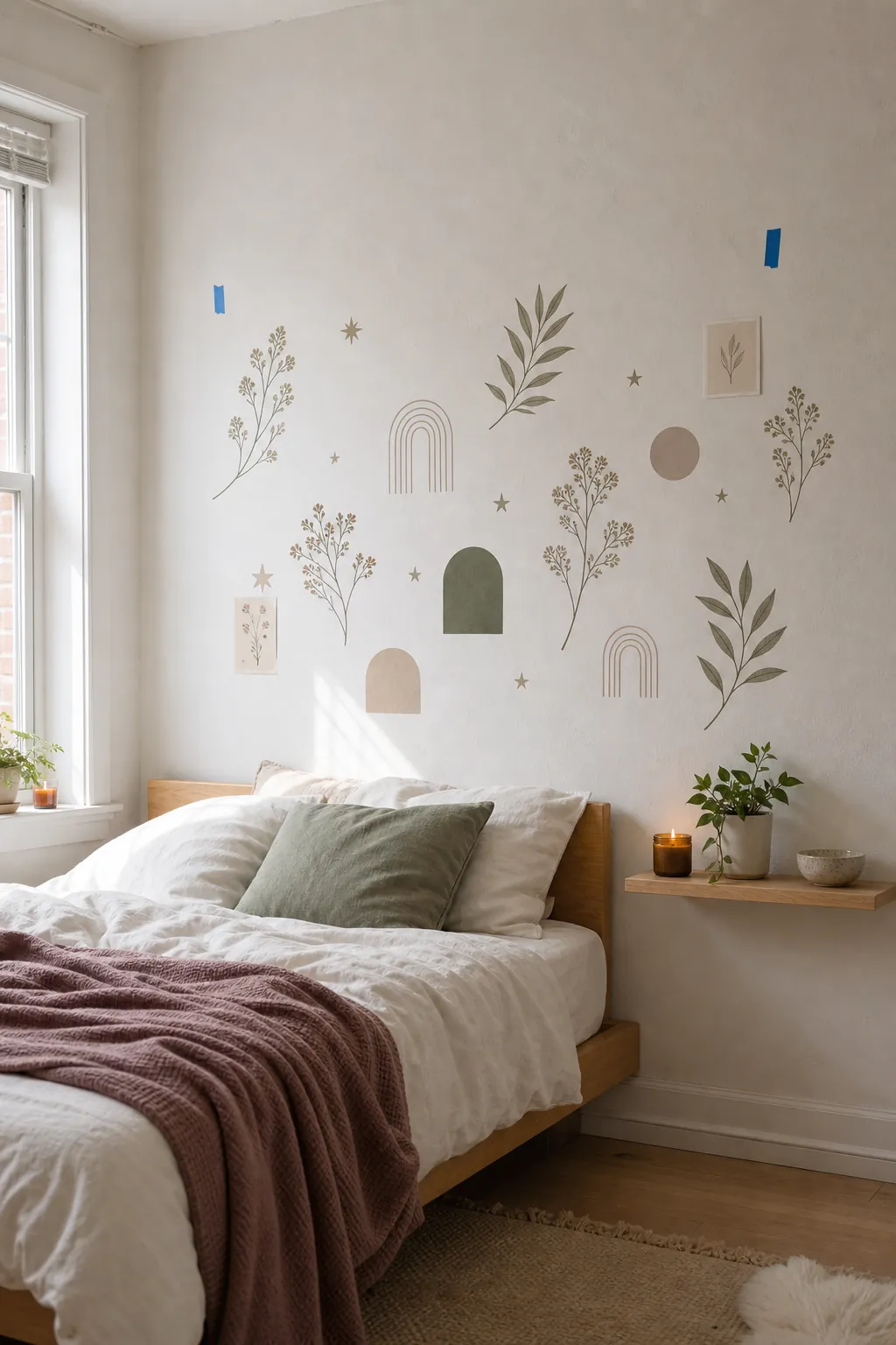 Aesthetic bedroom wall sticker layout above a bed with soft botanical decals