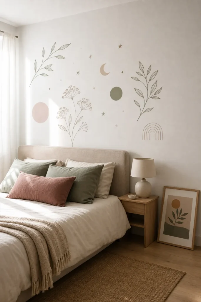 Aesthetic bedroom with botanical wall stickers above a soft neutral bed