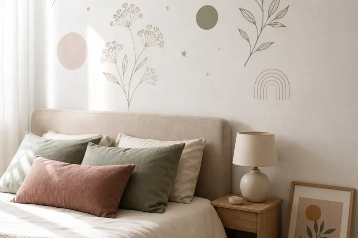 Aesthetic bedroom with botanical wall stickers above a soft neutral bed