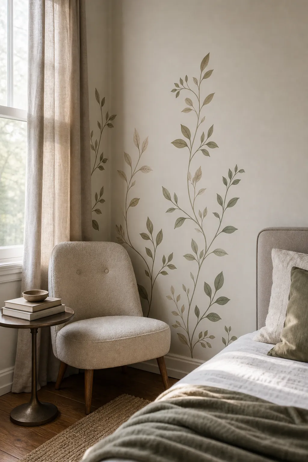 Botanical removable wall decals in a calm bedroom reading corner