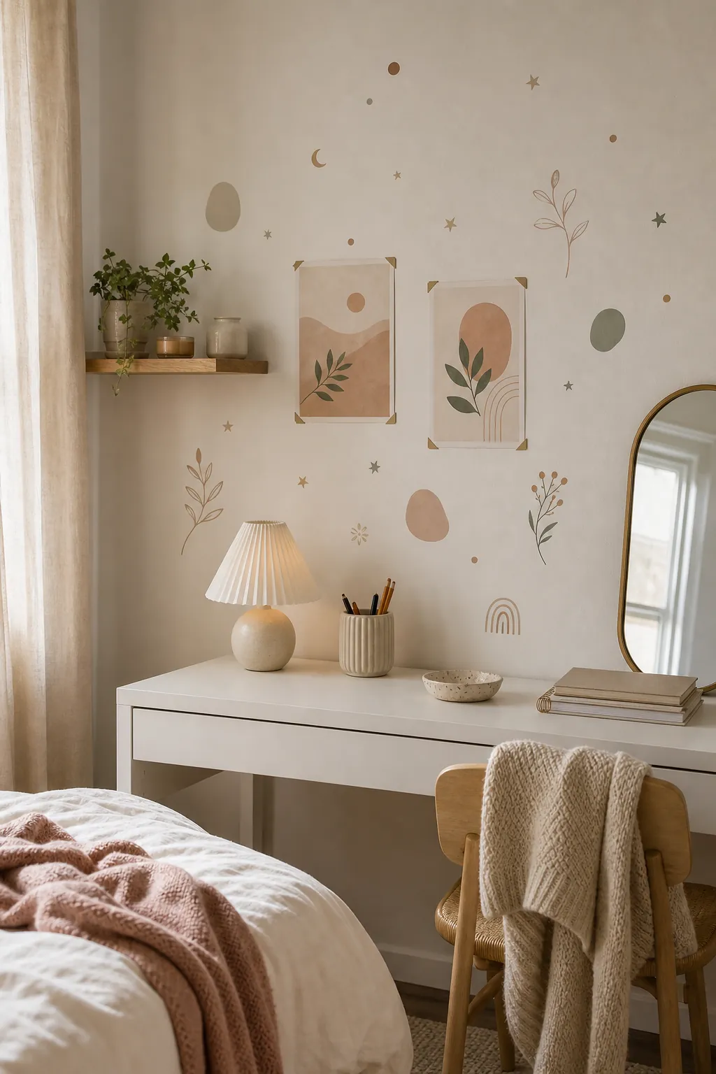 Bedroom desk wall with posters and small aesthetic wall stickers arranged with restraint