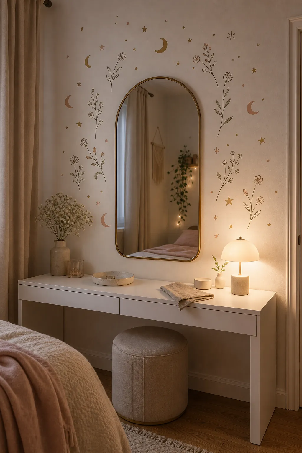 Mirror and vanity wall framed with aesthetic bedroom wall stickers
